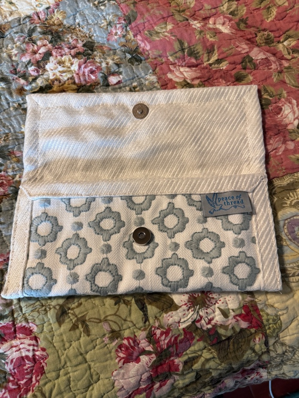 Peace o Thread White Clutch with Light Blue Floral Embroidery NWOT